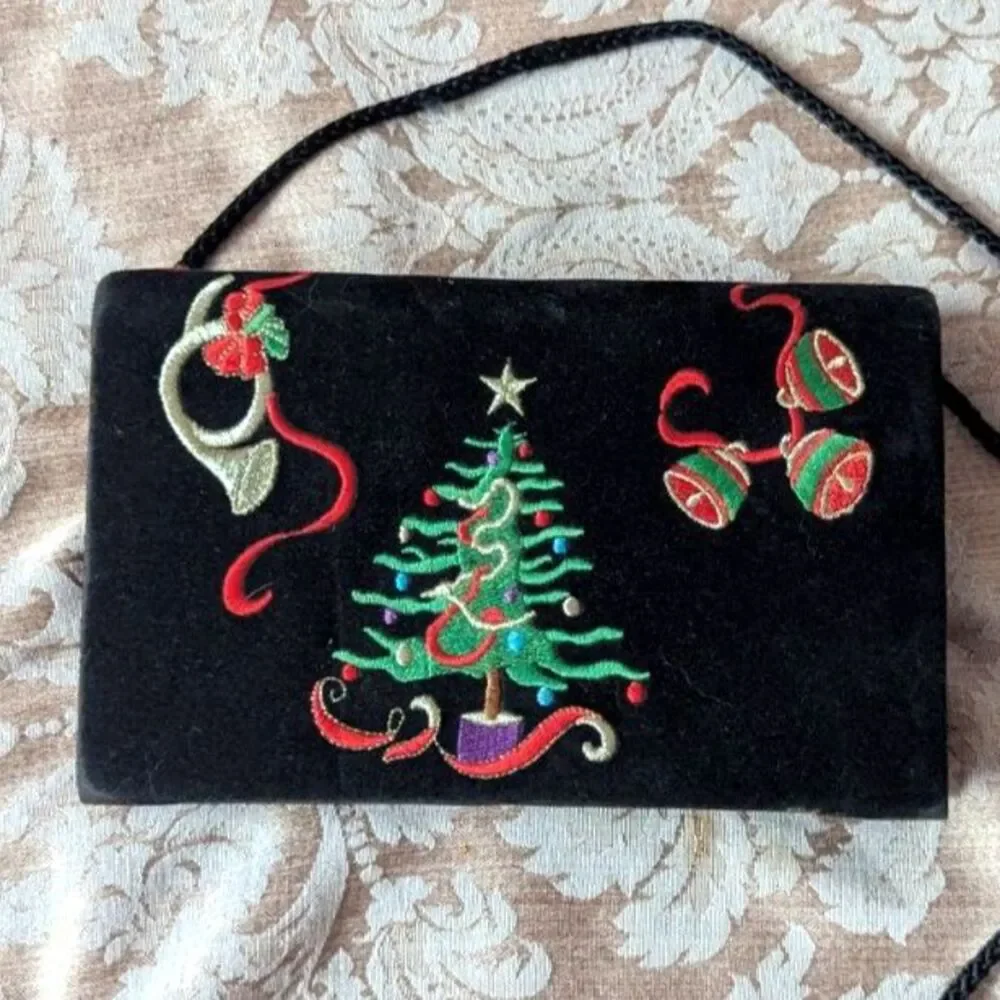 Vintage Black Velvet Purse Embroidered Tree Bells Horn Evening Holiday Bag